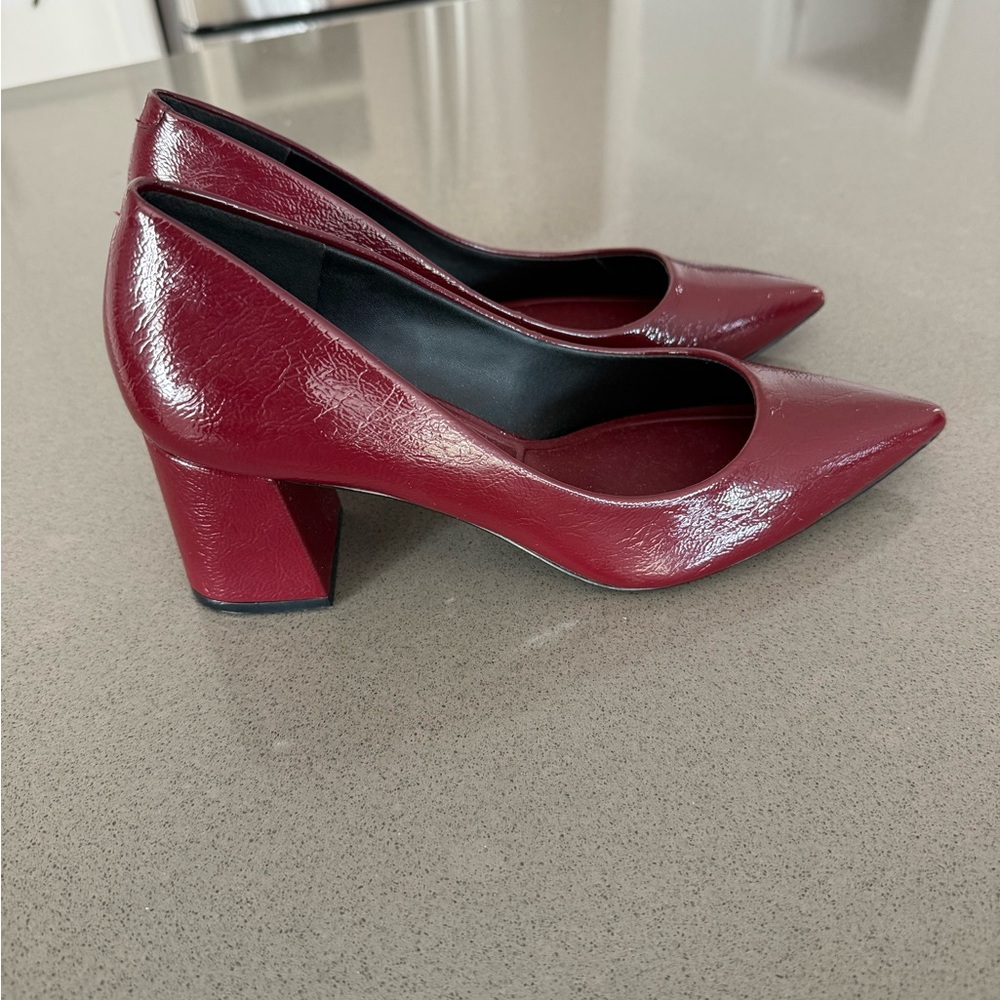 Aldo Burgundy Patent Pointed Block Heel Pumps